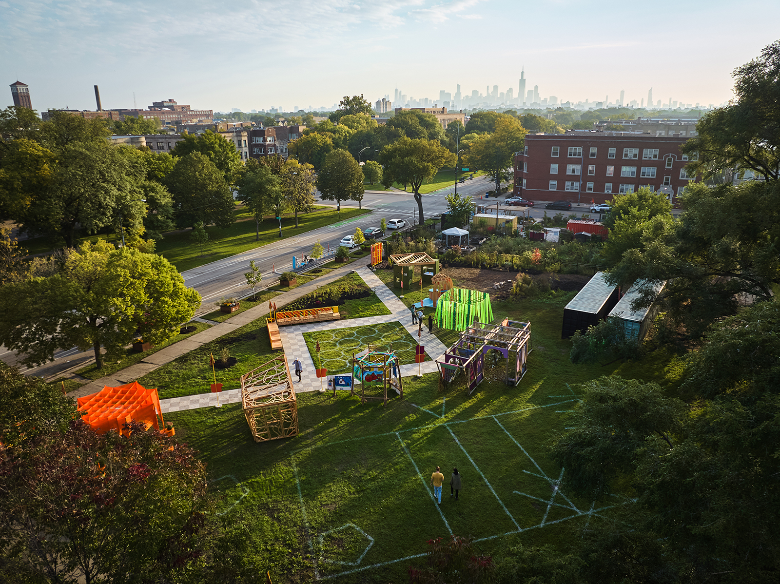 Overhead view of a festival in a park.