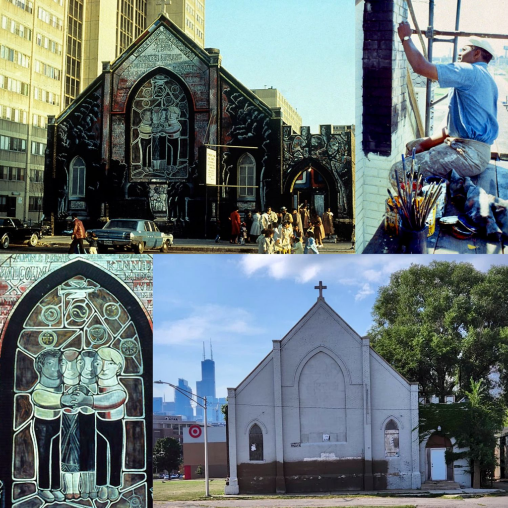 Collage image of Church and exterior mural beneath towers (top left); William Walker, 1972 (top right); close-up of the exterior mural.