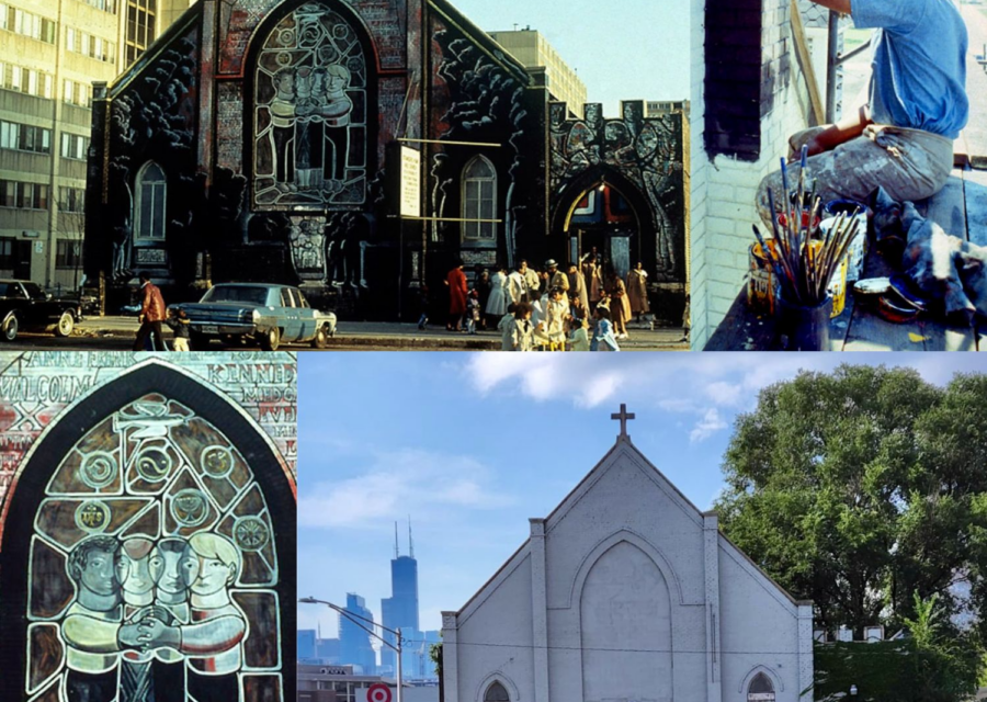 Collage image of Church and exterior mural beneath towers (top left); William Walker, 1972 (top right); close-up of the exterior mural.