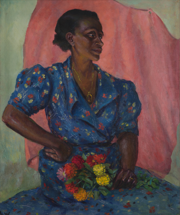 Image of a person in a blue dress holding a flower.
