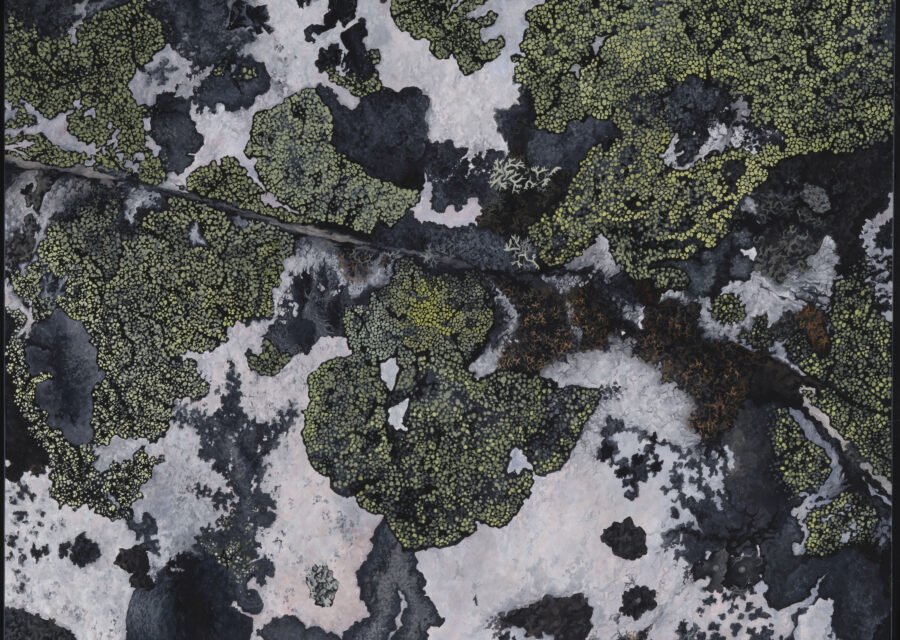 Canvas with shades of dark colors, including green, grey, and blue.