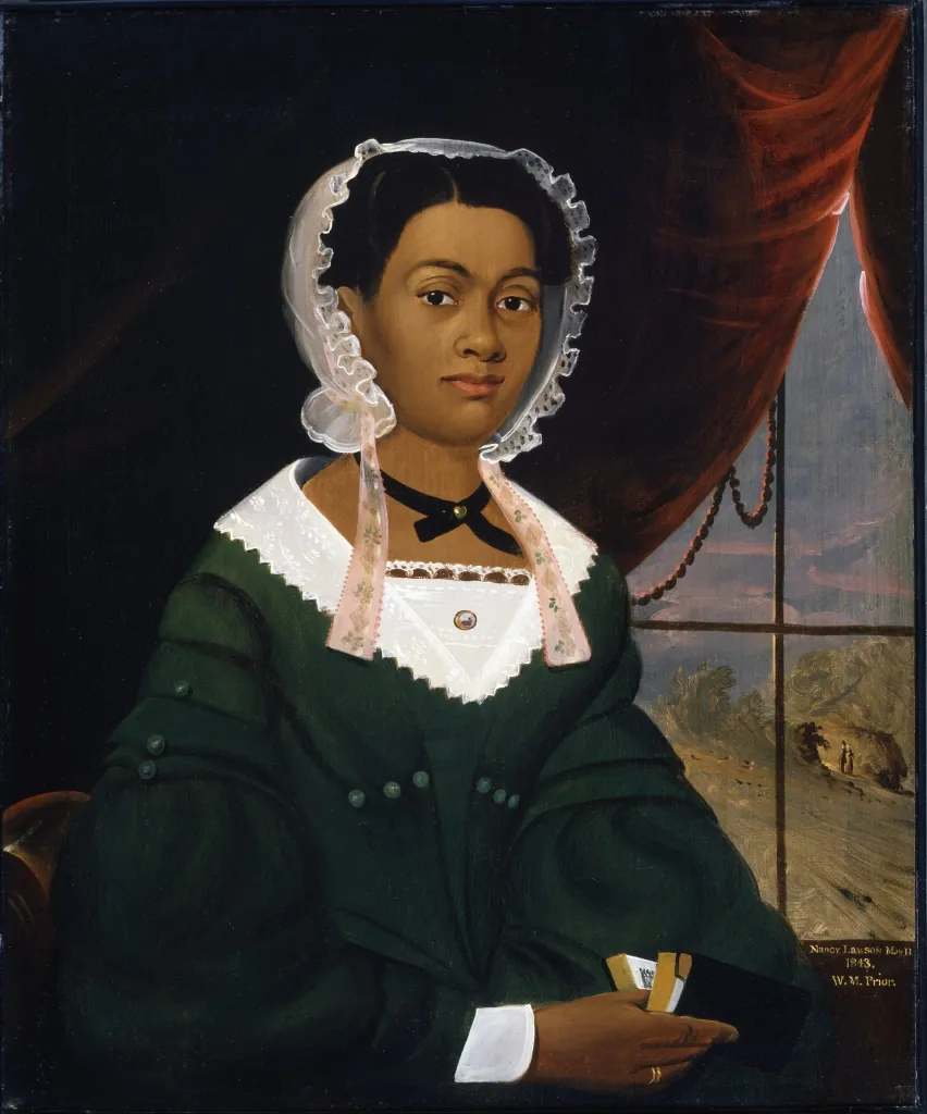 Image of painting featuring a person with a green and white dress.