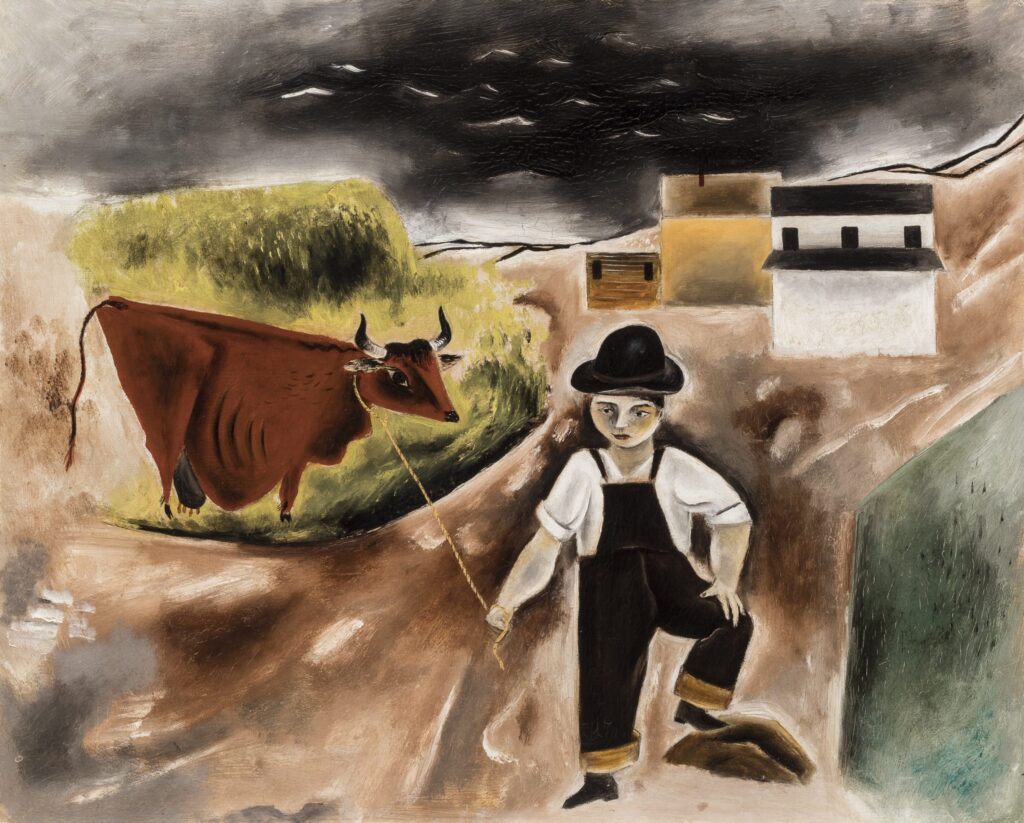An image of a painting of a person on a farm with a cow.