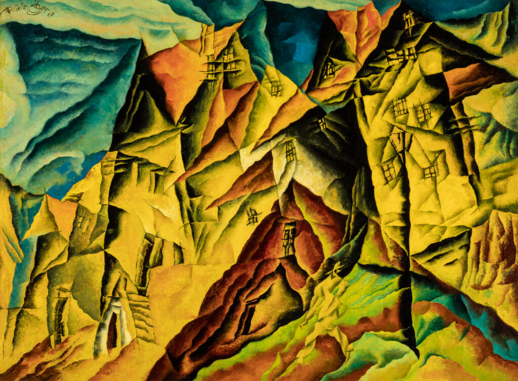 An abstract painting of a city in yellows, oranges, and greens.