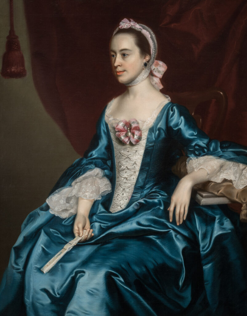 A painting of a seated woman wearing a blue silk dress.