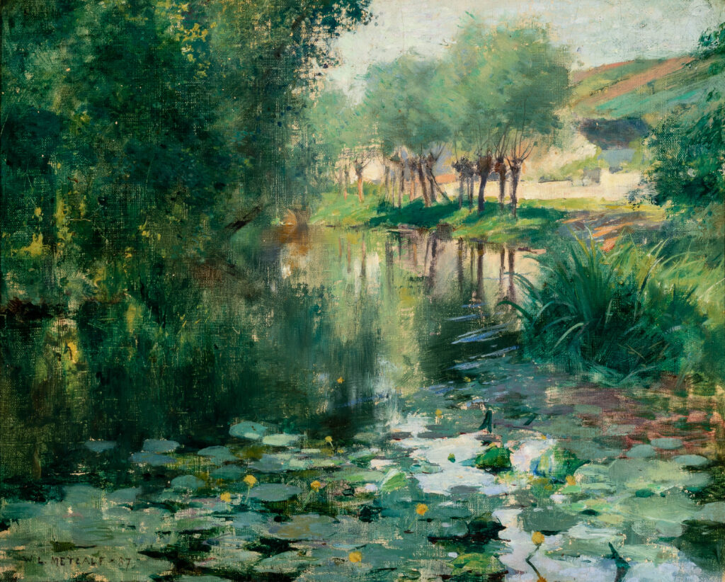Painting with green lily pads in the foreground floating in a pond with green trees on the banks behind.