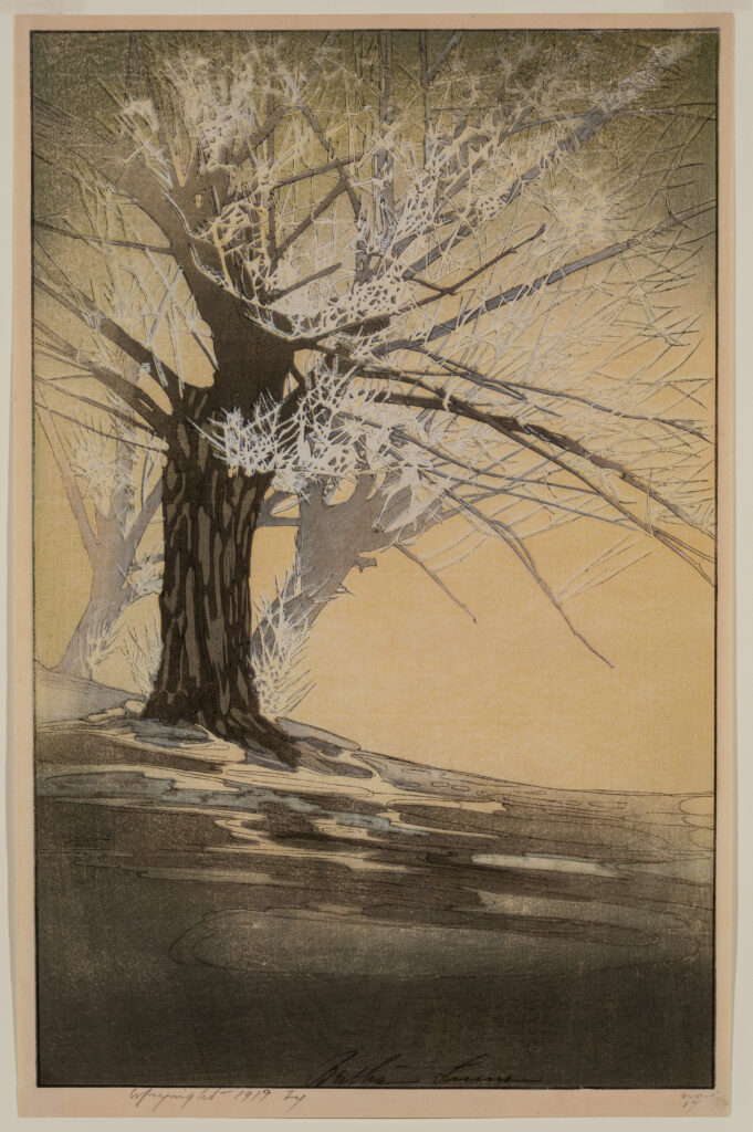 Colored woodcut of a bare tree in winter.