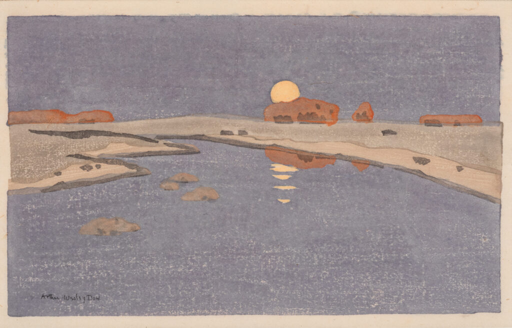 Woodcut of the moon rising over a marsh.