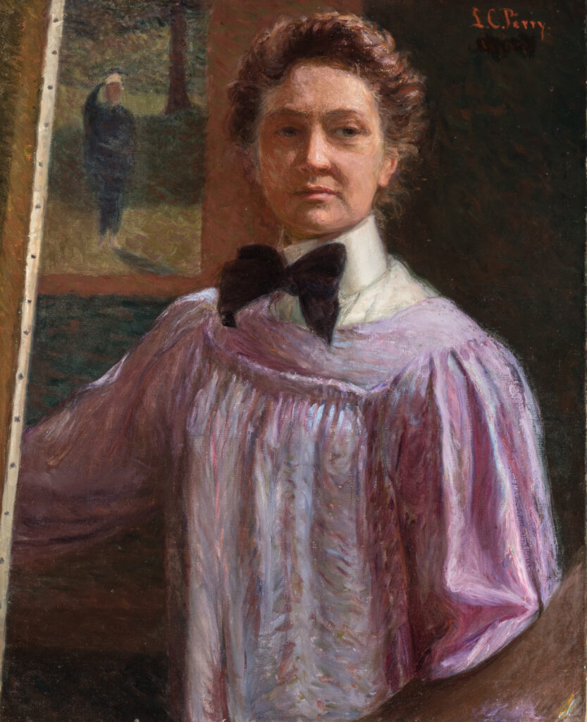 Painting of a woman wearing a pink apron standing at an easel.