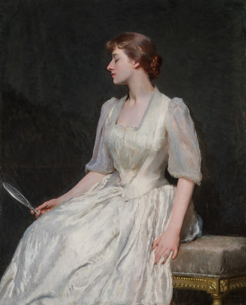 Painting of a seated white woman wearing a white dress.