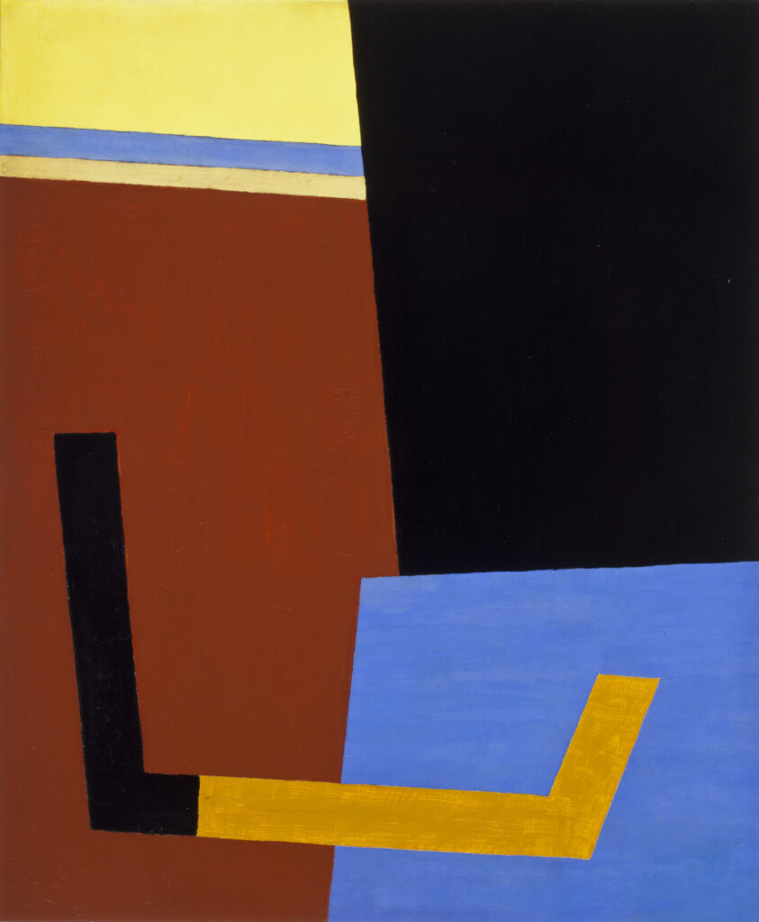 Abstract painting in colors of brown, blue, black, yellow, and orange.