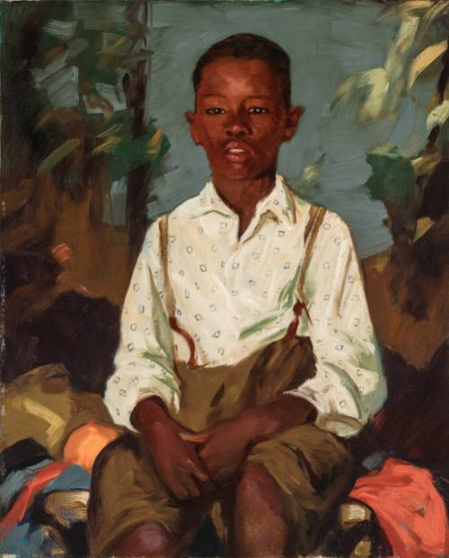 An image of a person with a white shirt and brown overalls.
