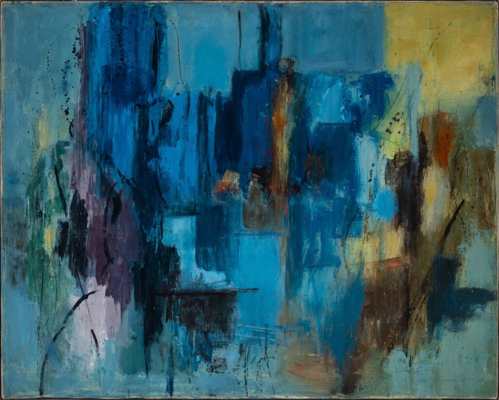 Abstract painting in blues, with some gold and brown.