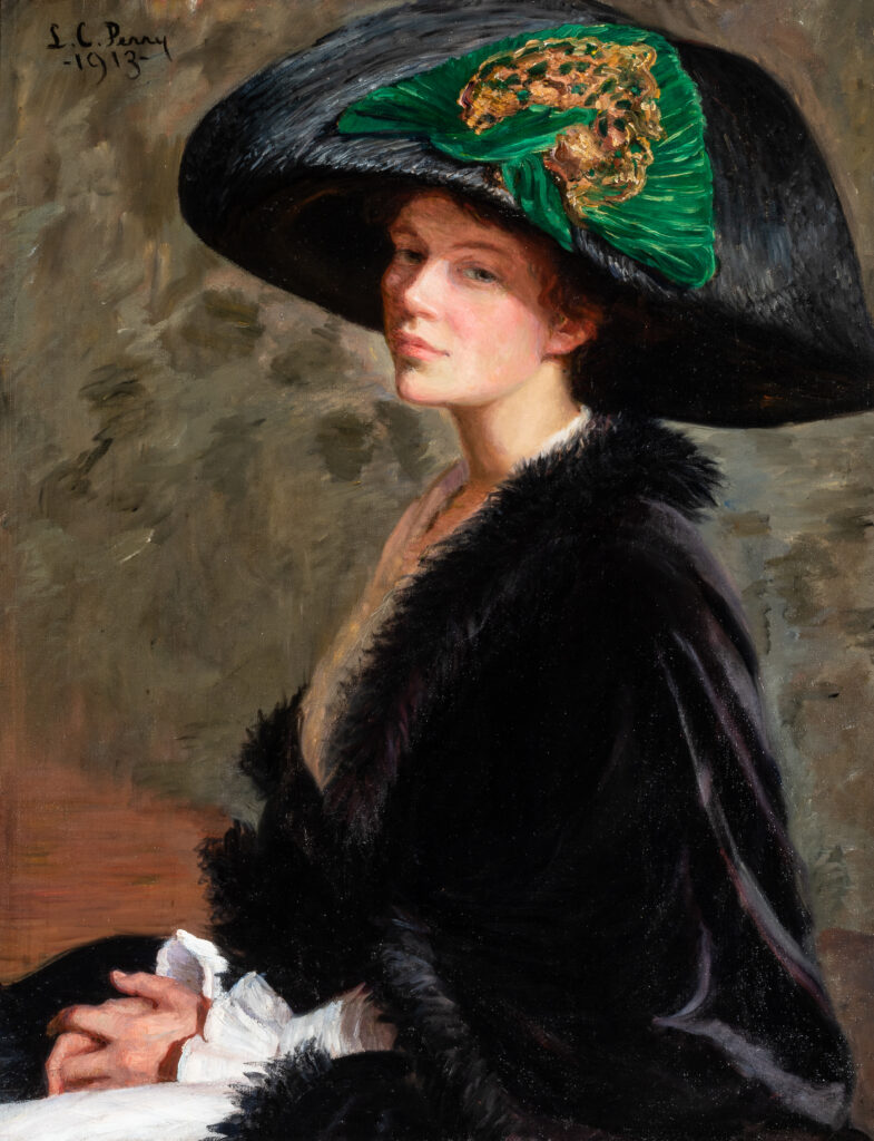 A portrait of a seated woman looking over her shoulder. She wears a large green hat and her hands are folded in her lap.