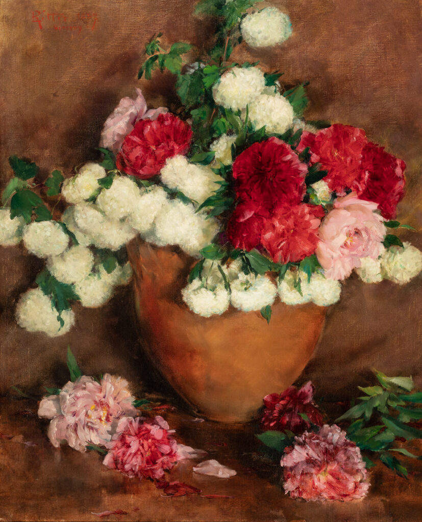 A painting of a large vase of white, red, and pink flowers.