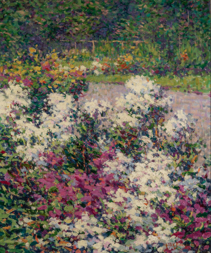 A painting of white and purple flowers in a garden setting.