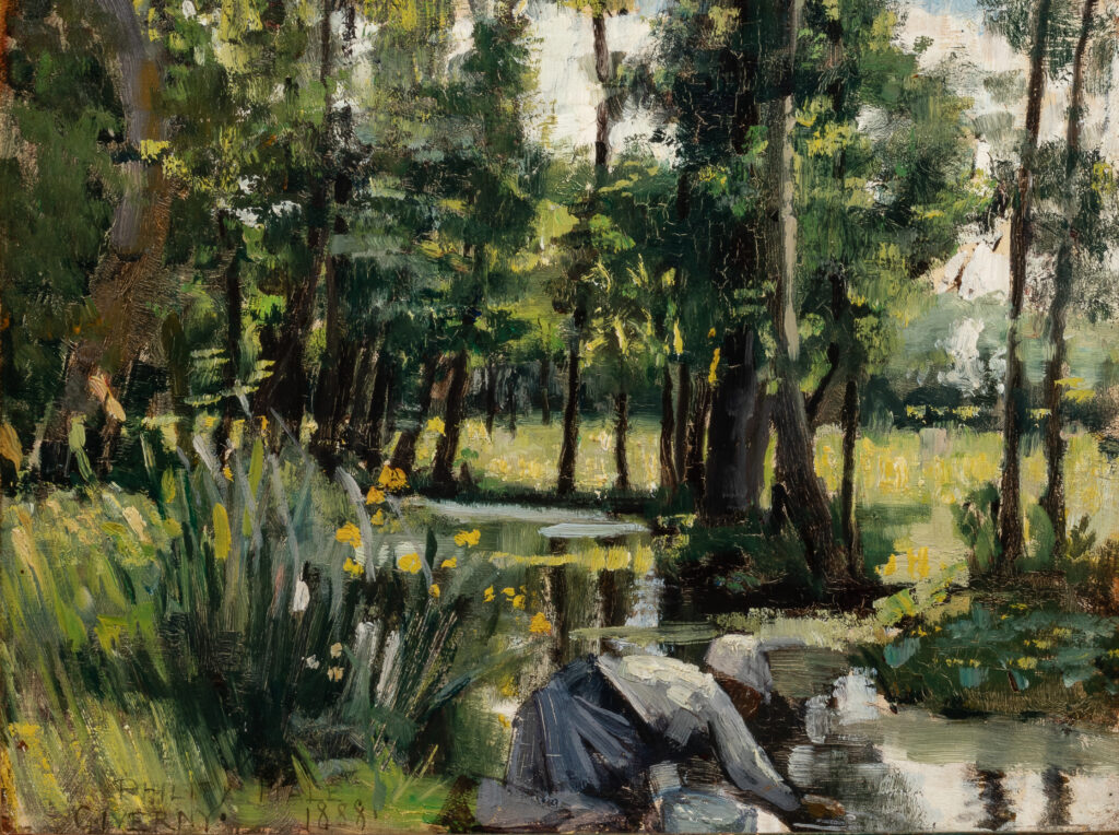 A landscape with a person by a pond.