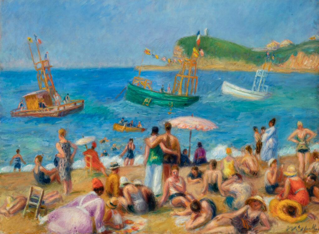 A painting of people enjoying a sunny day at the beach. Four boats bob in the bright blue water near the shore.