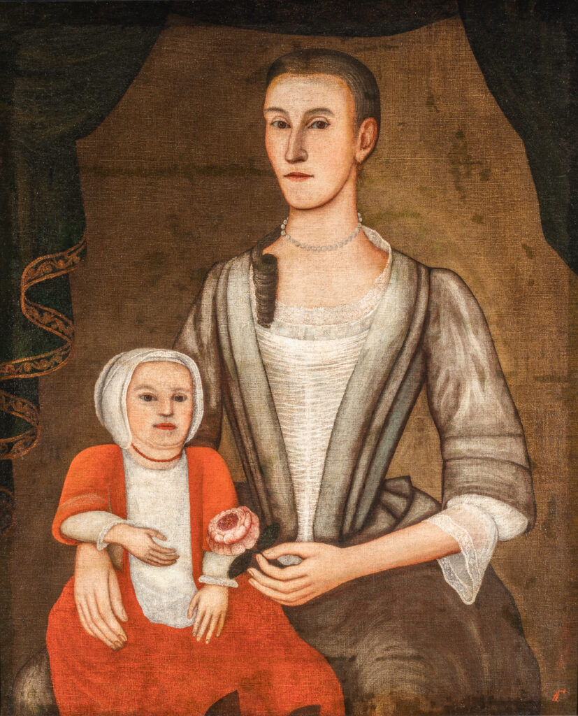 A portrait of a woman seated with a child in her lap. The woman holds a flower in her left hand.