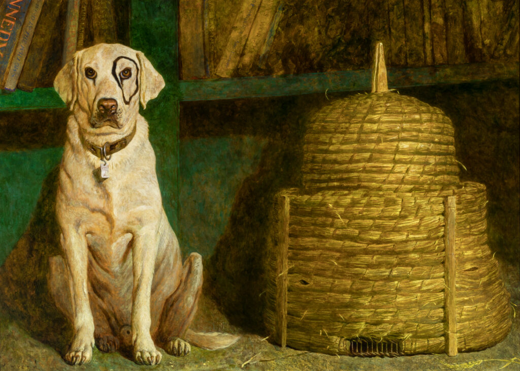 A painting of a white dog sitting next to an old-fashioned bee hive. The dog has a black circle painted around its left eye. Behind the dog and the hive is a bookshelf.