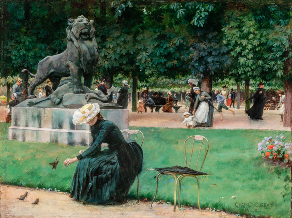 A painting of a public park. A woman sits on a chair in the foreground and people stroll through the park in the background.