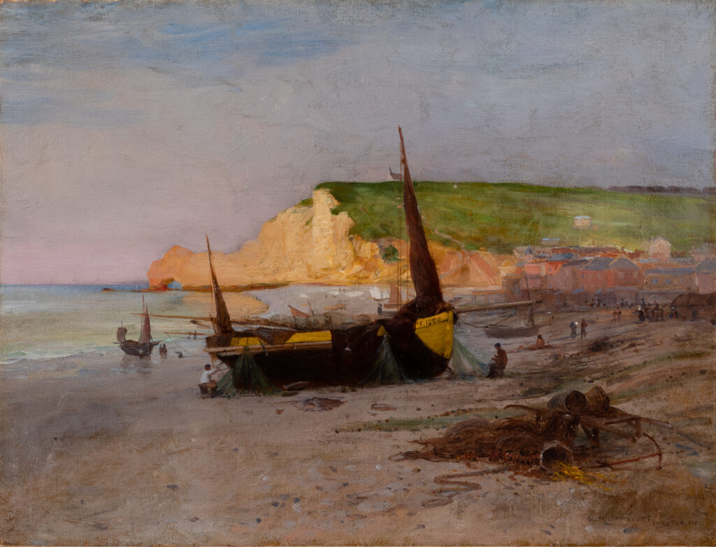 A painting of a boat washed up on a beach. In the background there are cliffs rising over the sea and there is green grass on the face of the cliffs.