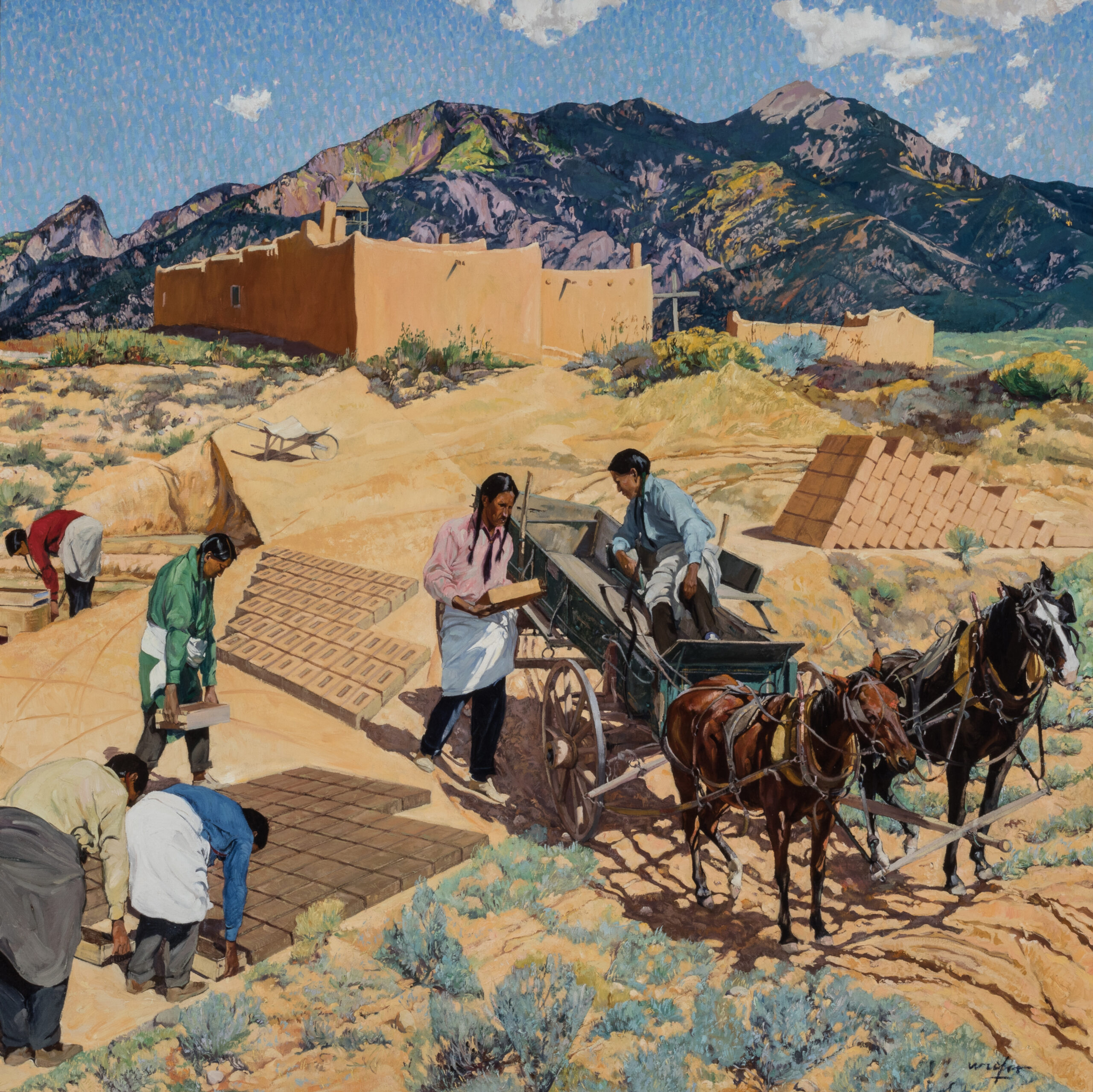 A group of Native Americans build adobe structures.