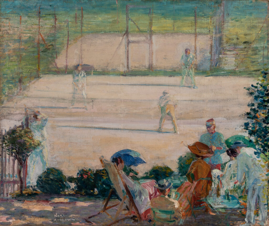 Three people play tennis while a small group of people sit in chairs near the court and watch.