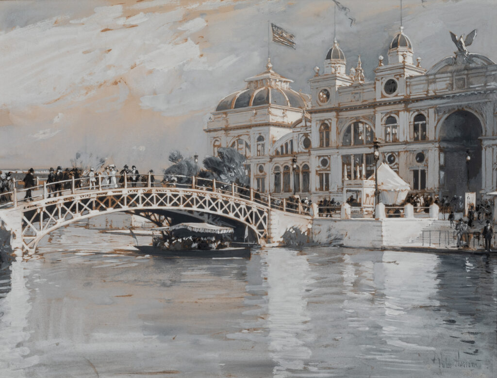 A watercolor of a large ornate neoclassical building in front of a body of water. There is a bridge over the water and many people walk over it toward and from the large building.