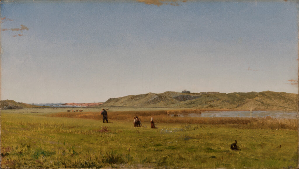 A painting of a marsh scene. Four people walk through the field.