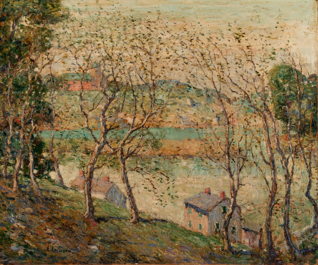 A springtime scene of budding trees along a river. There are houses along the river and a church on a hill in the distance.