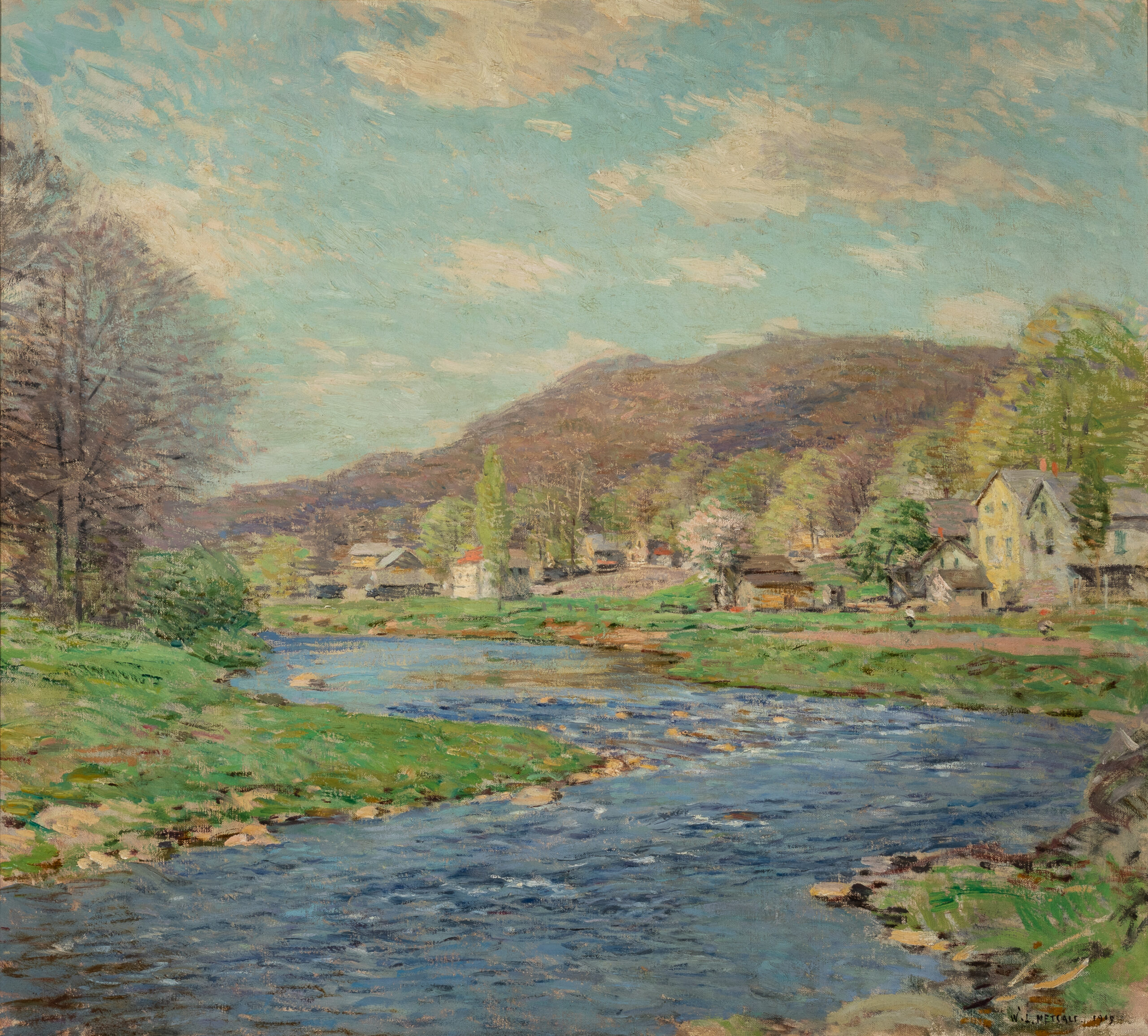 A painting of a river winding through a small village.