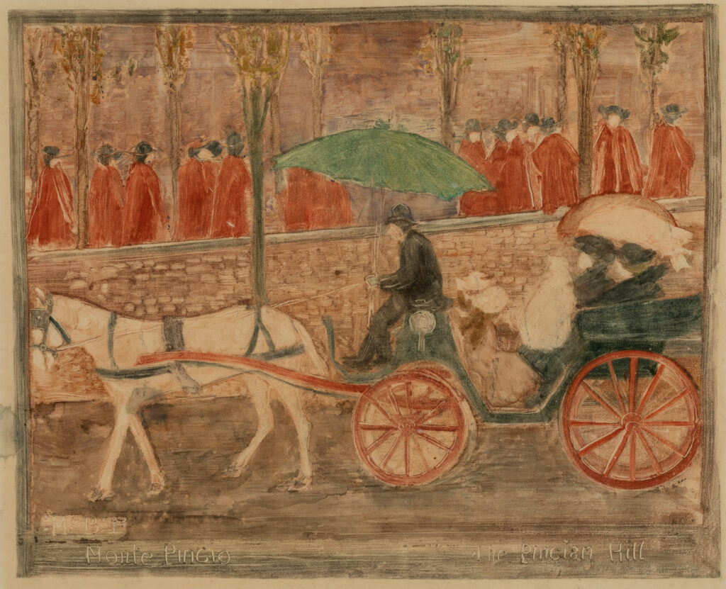 Two women and two girls are pulled in a horse-drawn carriage through a park. Behind them, a large group of people dressed in red walk by.