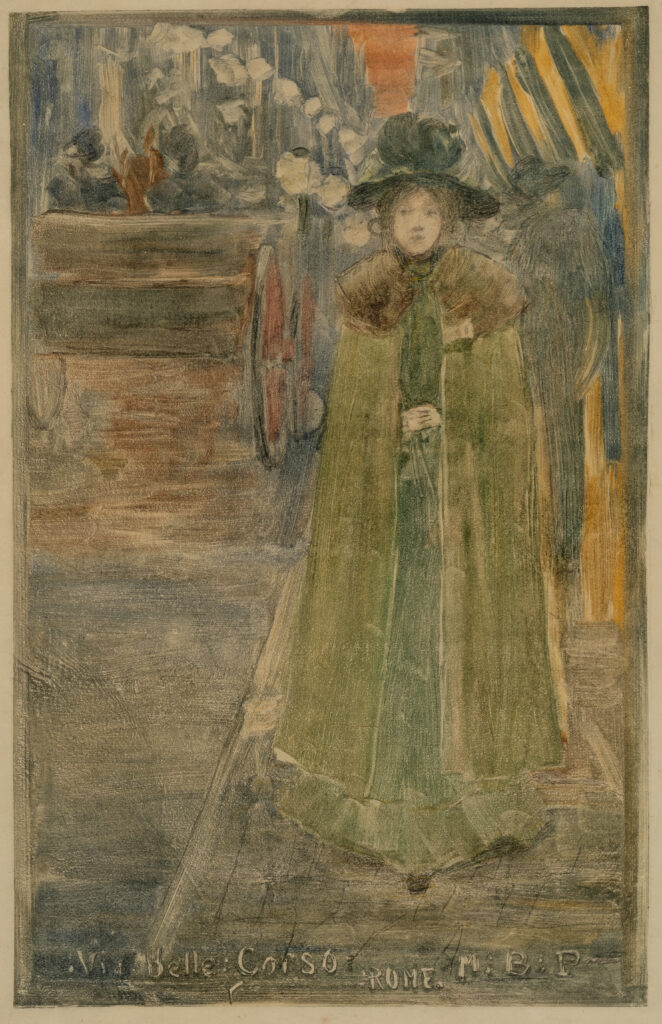 A woman standing in a Venetian street. She wears a long green cape with a brown collar and a large hat.