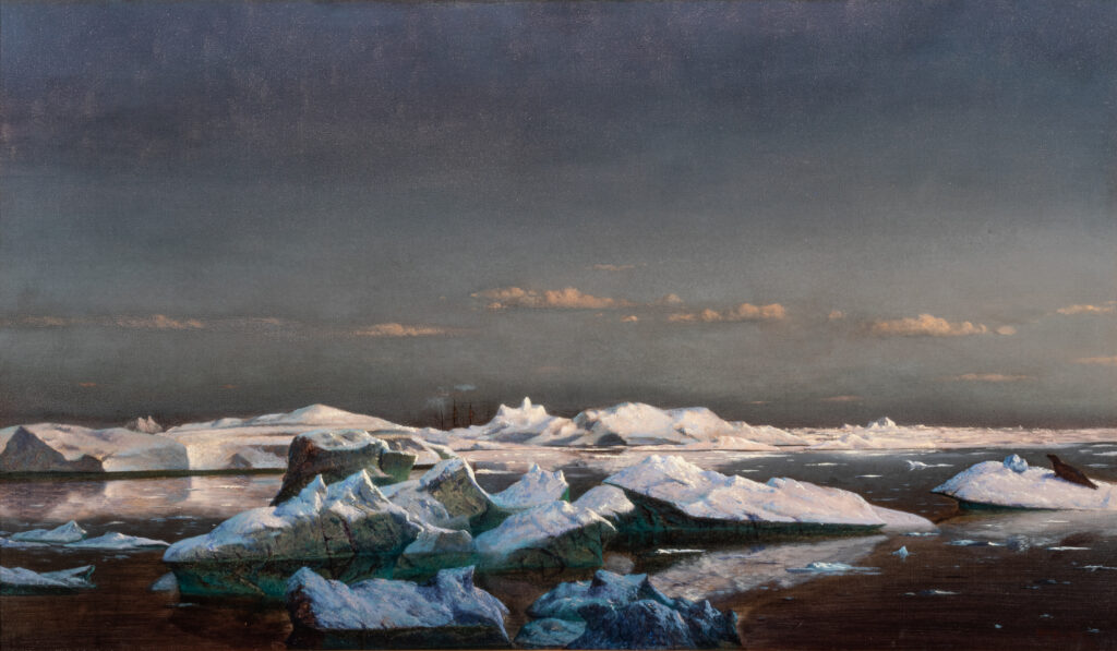 A painting of a seascape full of large chunks of ice floating through the water.