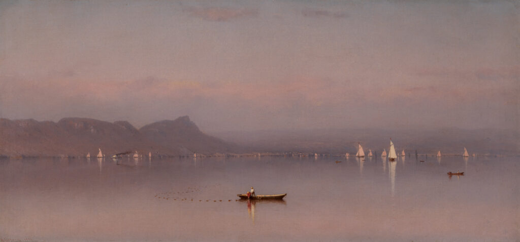 A painting of a calm sunrise over a water scene.
