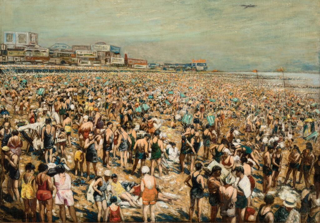 A painting of a large crowd of people on a beach.