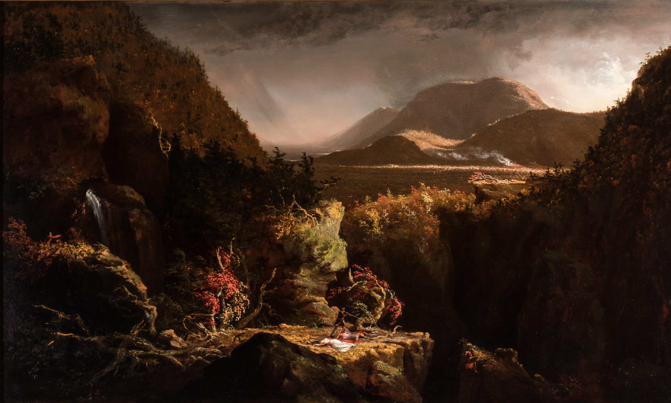 A painting of two figures at the edge of a cliff. A dramatic mountainous landscape surrounds them.