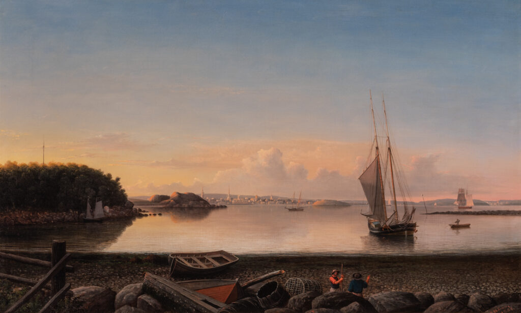 A painting of a calm harbor scene.