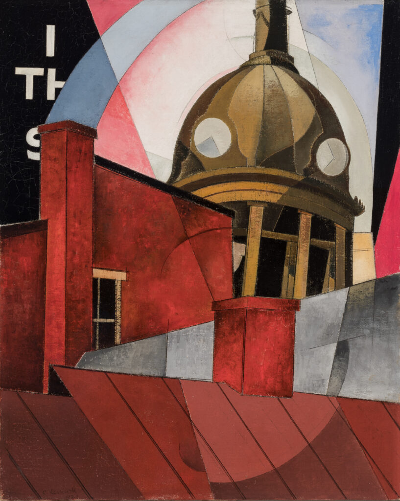 An abstracted view of a domed building with illegible text behind it.