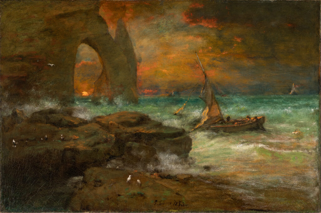 A painting of a sunset on the beach.