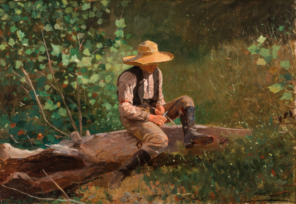 A watercolor of a boy sitting on a log whittling a piece of wood.