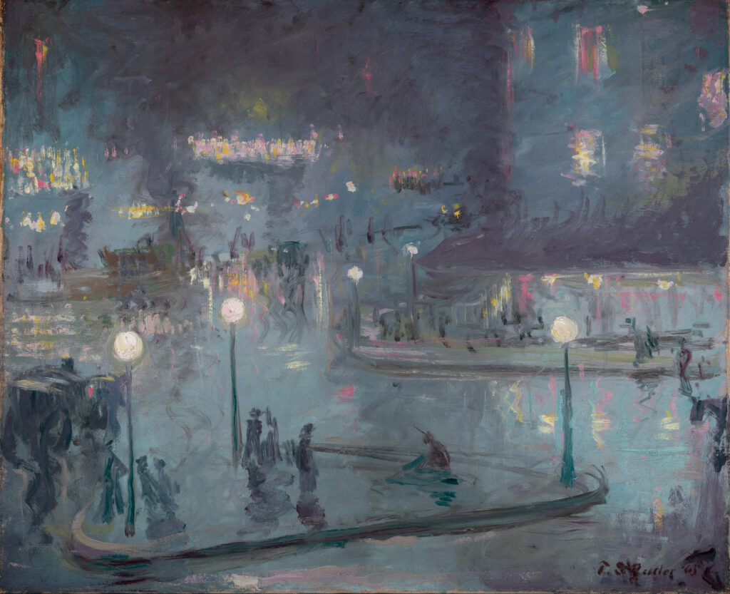 A painting of a city square at night.