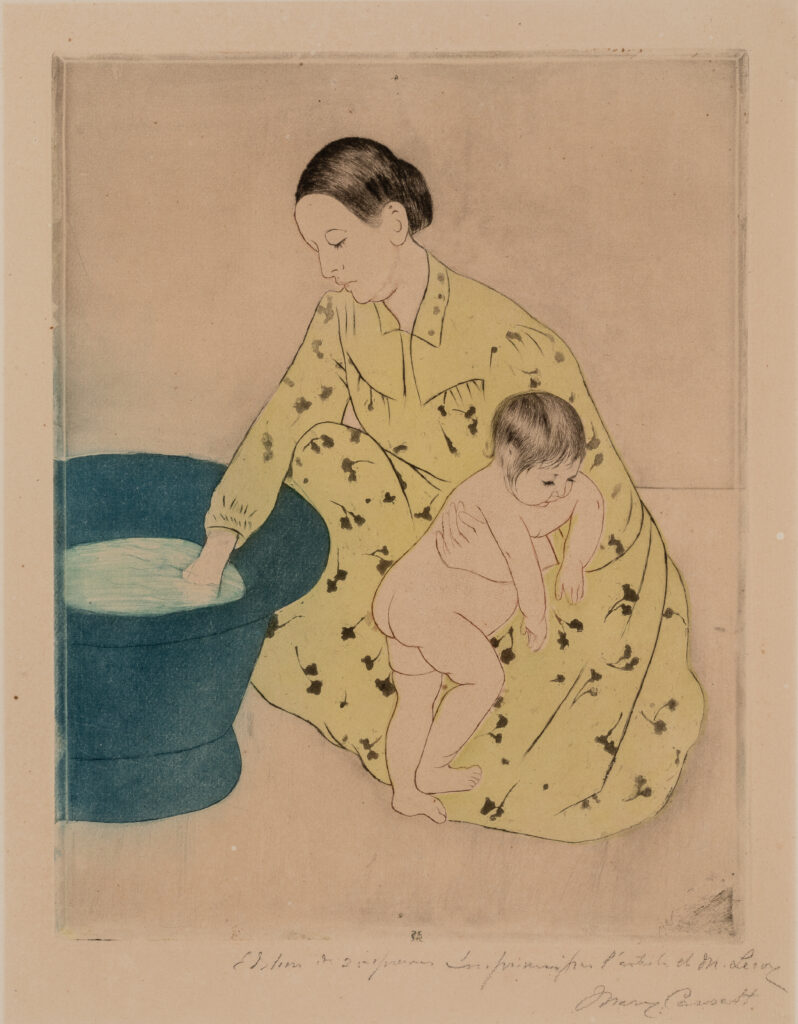 A print of a woman bathing a child.