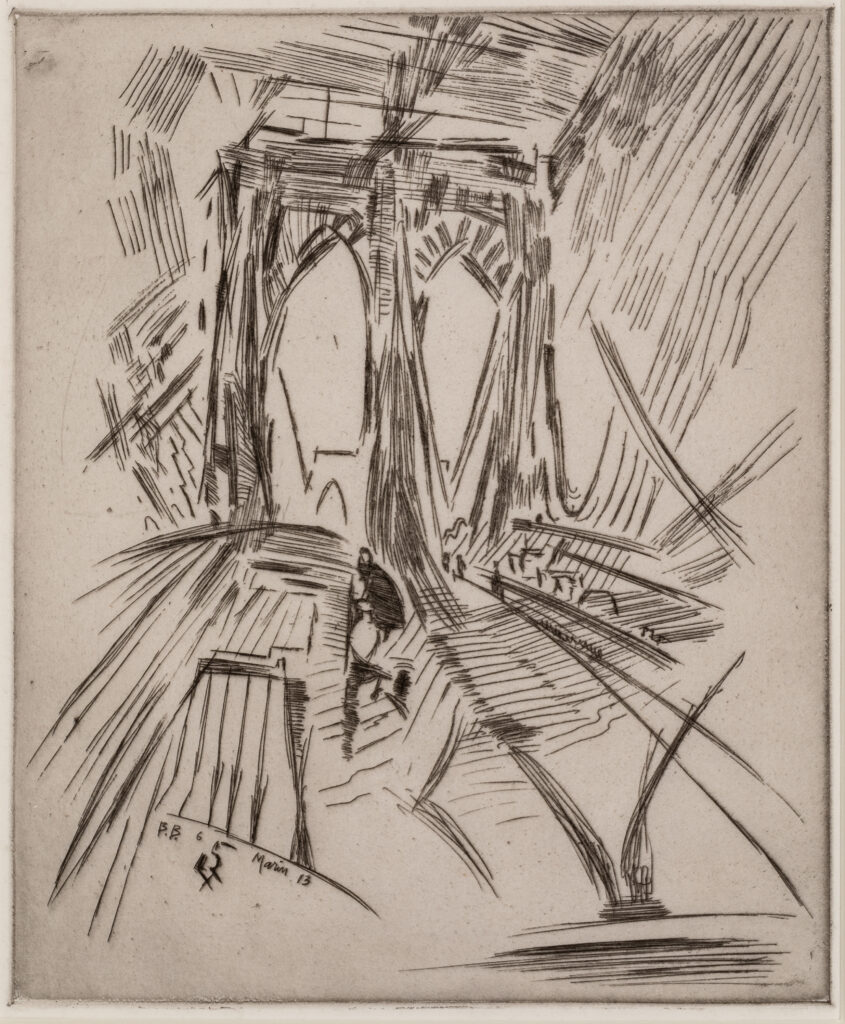 Abstracted etching of the Brooklyn Bridge.