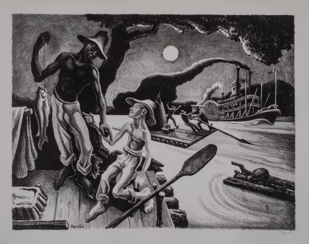 Two figures on a raft moving down a river.