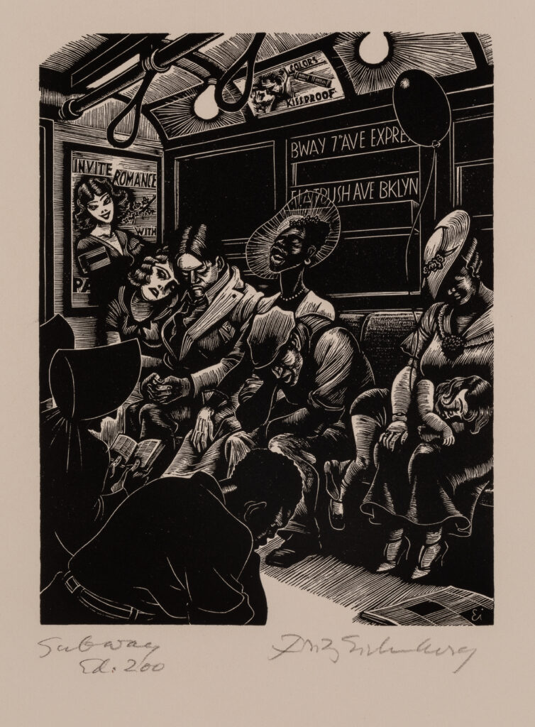 A wood engraving of a group of people sitting in a subway car.