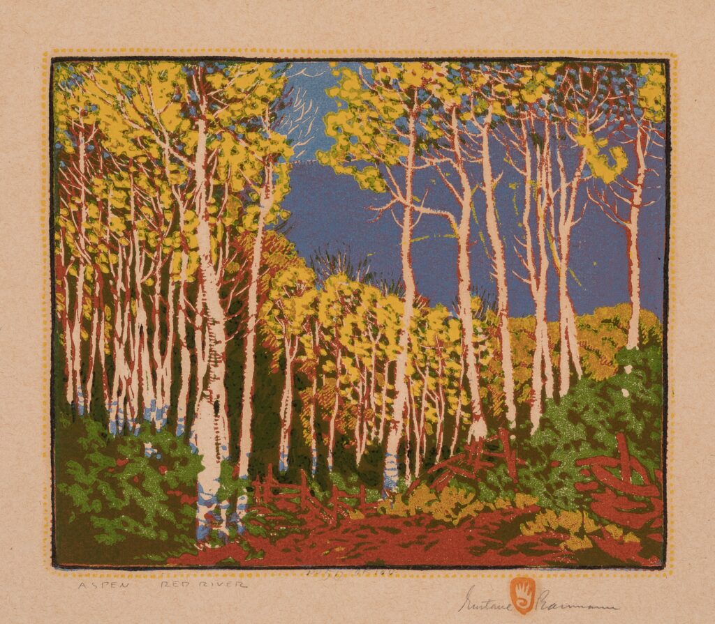 A woodcut engraving of a grove of aspen trees.