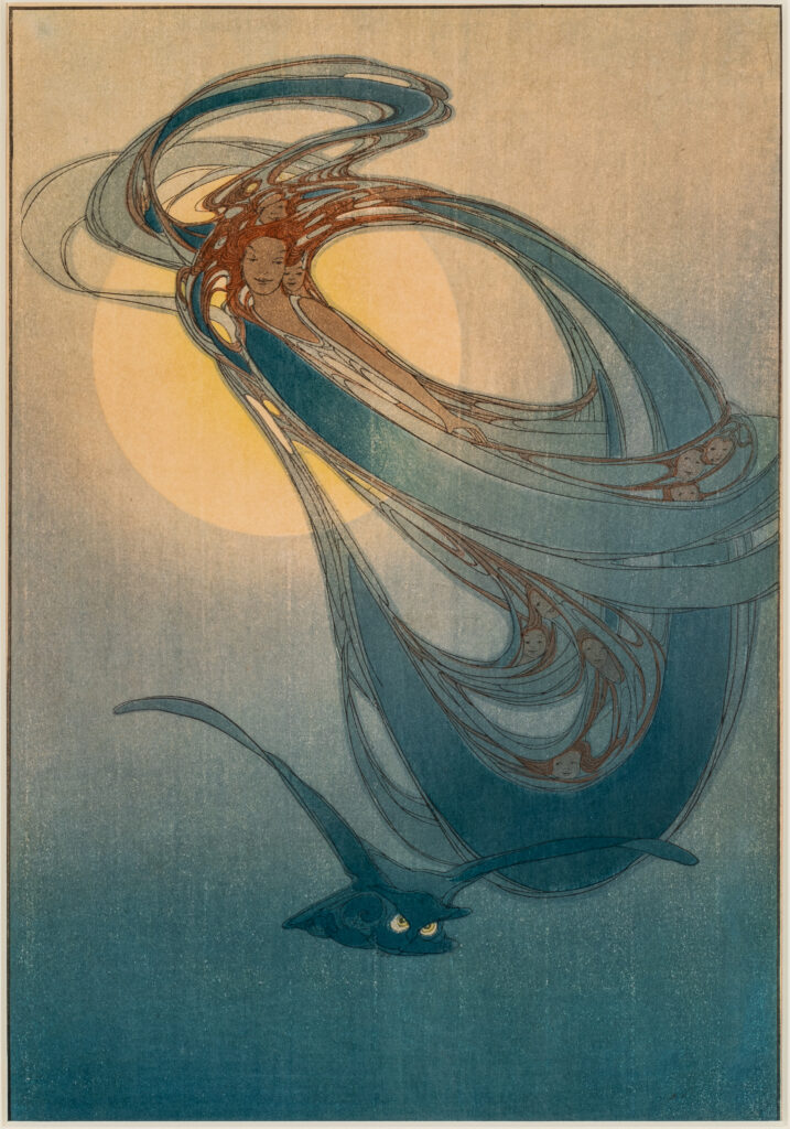 A woodcut of an abstracted figure of a woman floating in the sky.