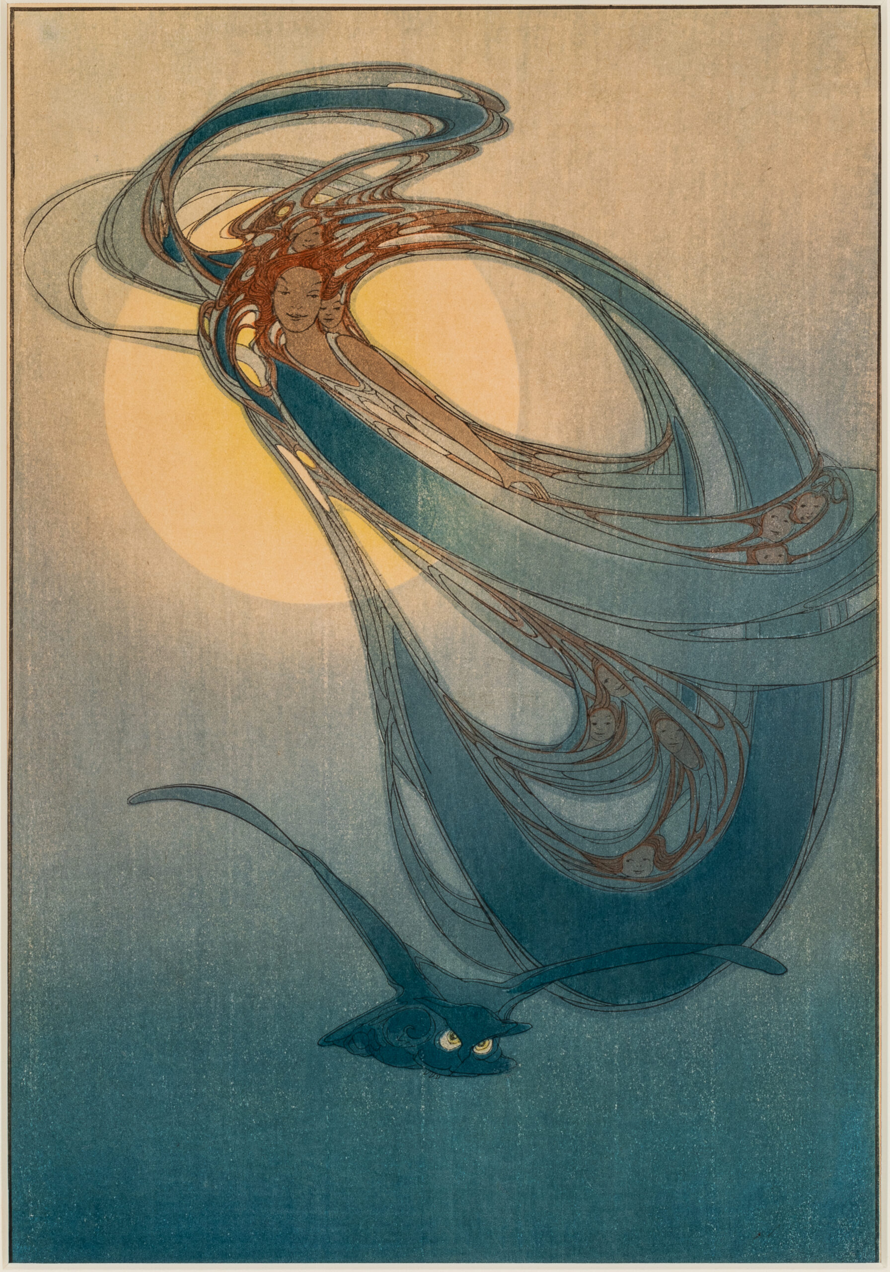 A woodcut of an abstracted figure of a woman floating in the sky.
